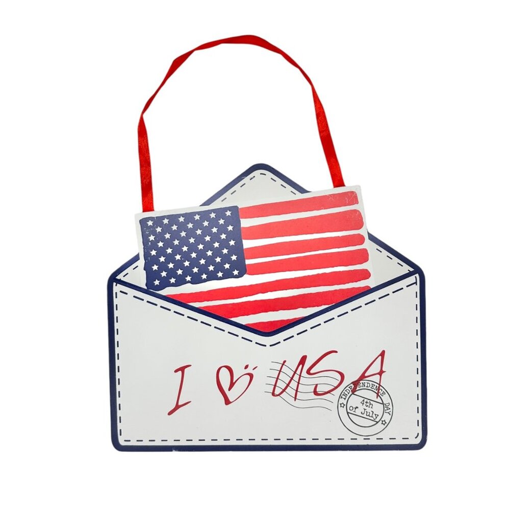 Patriotic Americana Hanging Sign 10 x 10 Red White Blue I Love USA NWT